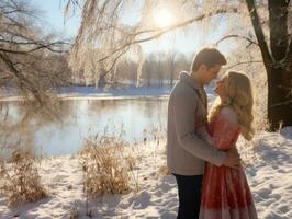 amoroso casal é desfrutando uma romântico inverno dia ai generativo foto