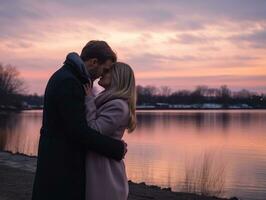 amoroso casal é desfrutando uma romântico inverno dia ai generativo foto