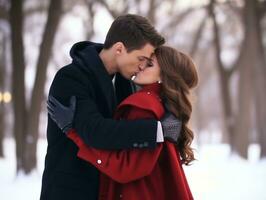 amoroso casal é desfrutando uma romântico inverno dia ai generativo foto