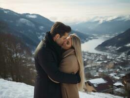 amoroso casal é desfrutando uma romântico inverno dia ai generativo foto