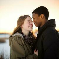 amoroso Adolescência interracial casal é desfrutando uma romântico inverno dia ai generativo foto