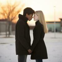 amoroso Adolescência interracial casal é desfrutando uma romântico inverno dia ai generativo foto