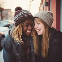 amoroso Adolescência interracial casal é desfrutando uma romântico inverno dia ai generativo foto