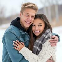 amoroso Adolescência interracial casal é desfrutando uma romântico inverno dia ai generativo foto