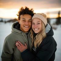 amoroso Adolescência interracial casal é desfrutando uma romântico inverno dia ai generativo foto