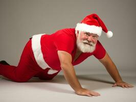 homem vestido Como santa claus dentro brincalhão pose em sólido fundo ai generativo foto