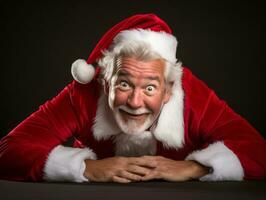 homem vestido Como santa claus dentro brincalhão pose em sólido fundo ai generativo foto