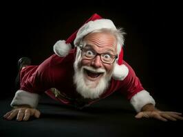 homem vestido Como santa claus dentro brincalhão pose em sólido fundo ai generativo foto