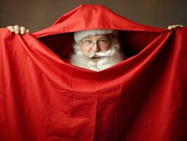 homem vestido Como santa claus dentro brincalhão pose em sólido fundo ai generativo foto