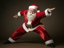 homem vestido Como santa claus dentro brincalhão pose em sólido fundo ai generativo foto