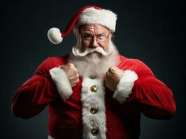 homem vestido Como santa claus dentro brincalhão pose em sólido fundo ai generativo foto