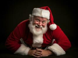 homem vestido Como santa claus dentro brincalhão pose em sólido fundo ai generativo foto