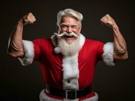 homem vestido Como santa claus dentro brincalhão pose em sólido fundo ai generativo foto