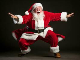 homem vestido Como santa claus dentro brincalhão pose em sólido fundo ai generativo foto