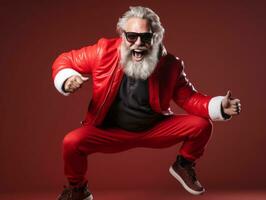 homem vestido Como santa claus dentro brincalhão pose em sólido fundo ai generativo foto