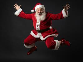 homem vestido Como santa claus dentro brincalhão pose em sólido fundo ai generativo foto