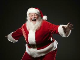 homem vestido Como santa claus dentro brincalhão pose em sólido fundo ai generativo foto