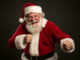 homem vestido Como santa claus dentro brincalhão pose em sólido fundo ai generativo foto