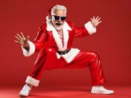 homem vestido Como santa claus dentro brincalhão pose em sólido fundo ai generativo foto