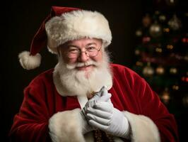 homem vestido Como santa claus dentro brincalhão pose em sólido fundo ai generativo foto