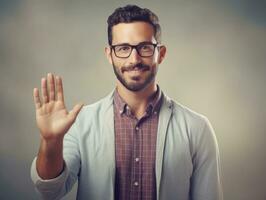 jovem bonito homem emocional gestos em sólido fundo ai generativo foto