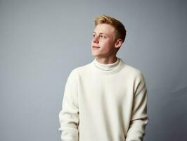 jovem bonito homem emocional gestos em sólido fundo ai generativo foto