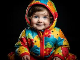 adorável bebê com vibrante roupas dentro uma brincalhão pose ai generativo foto