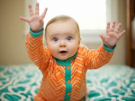 adorável bebê com vibrante roupas dentro uma brincalhão pose ai generativo foto