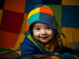 adorável bebê com vibrante roupas dentro uma brincalhão pose ai generativo foto