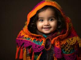 adorável bebê com vibrante roupas dentro uma brincalhão pose ai generativo foto