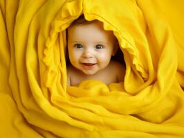 adorável bebê com vibrante roupas dentro uma brincalhão pose ai generativo foto