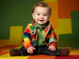 adorável bebê com vibrante roupas dentro uma brincalhão pose ai generativo foto