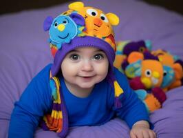 adorável bebê com vibrante roupas dentro uma brincalhão pose ai generativo foto