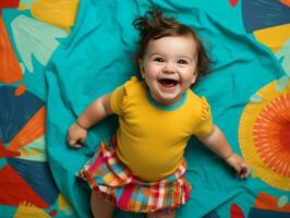 adorável bebê com vibrante roupas dentro uma brincalhão pose ai generativo foto