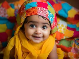 adorável bebê com vibrante roupas dentro uma brincalhão pose ai generativo foto