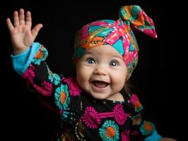 adorável bebê com vibrante roupas dentro uma brincalhão pose ai generativo foto