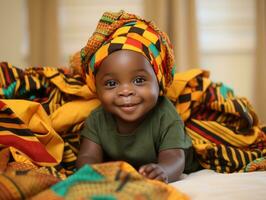 adorável bebê com vibrante roupas dentro uma brincalhão pose ai generativo foto