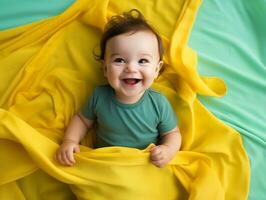 adorável bebê com vibrante roupas dentro uma brincalhão pose ai generativo foto