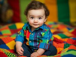 adorável bebê com vibrante roupas dentro uma brincalhão pose ai generativo foto