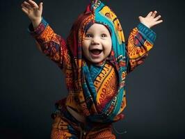 adorável bebê com vibrante roupas dentro uma brincalhão pose ai generativo foto