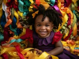 adorável bebê com vibrante roupas dentro uma brincalhão pose ai generativo foto