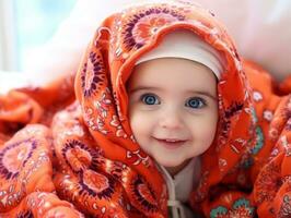 adorável bebê com vibrante roupas dentro uma brincalhão pose ai generativo foto