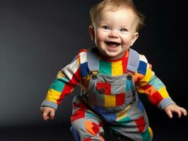 adorável bebê com vibrante roupas dentro uma brincalhão pose ai generativo foto