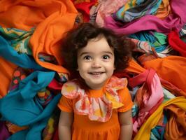 adorável bebê com vibrante roupas dentro uma brincalhão pose ai generativo foto