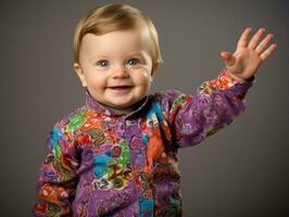 adorável bebê com vibrante roupas dentro uma brincalhão pose ai generativo foto