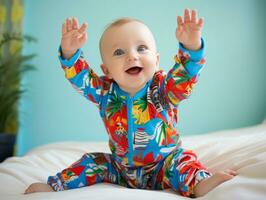 adorável bebê com vibrante roupas dentro uma brincalhão pose ai generativo foto