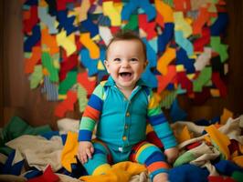 adorável bebê com vibrante roupas dentro uma brincalhão pose ai generativo foto