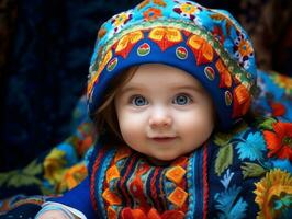 adorável bebê com vibrante roupas dentro uma brincalhão pose ai generativo foto