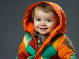 adorável bebê com vibrante roupas dentro uma brincalhão pose ai generativo foto