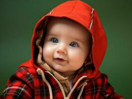 adorável bebê com vibrante roupas dentro uma brincalhão pose ai generativo foto